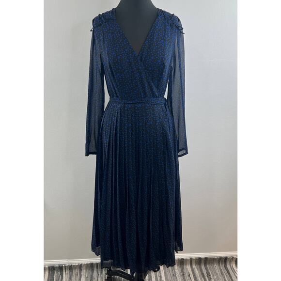 Fame and Partners Joslyn Blue Black Stone Dot Chiffon V-Neck Waist Maxi Dress 8 - Picture 2 of 12